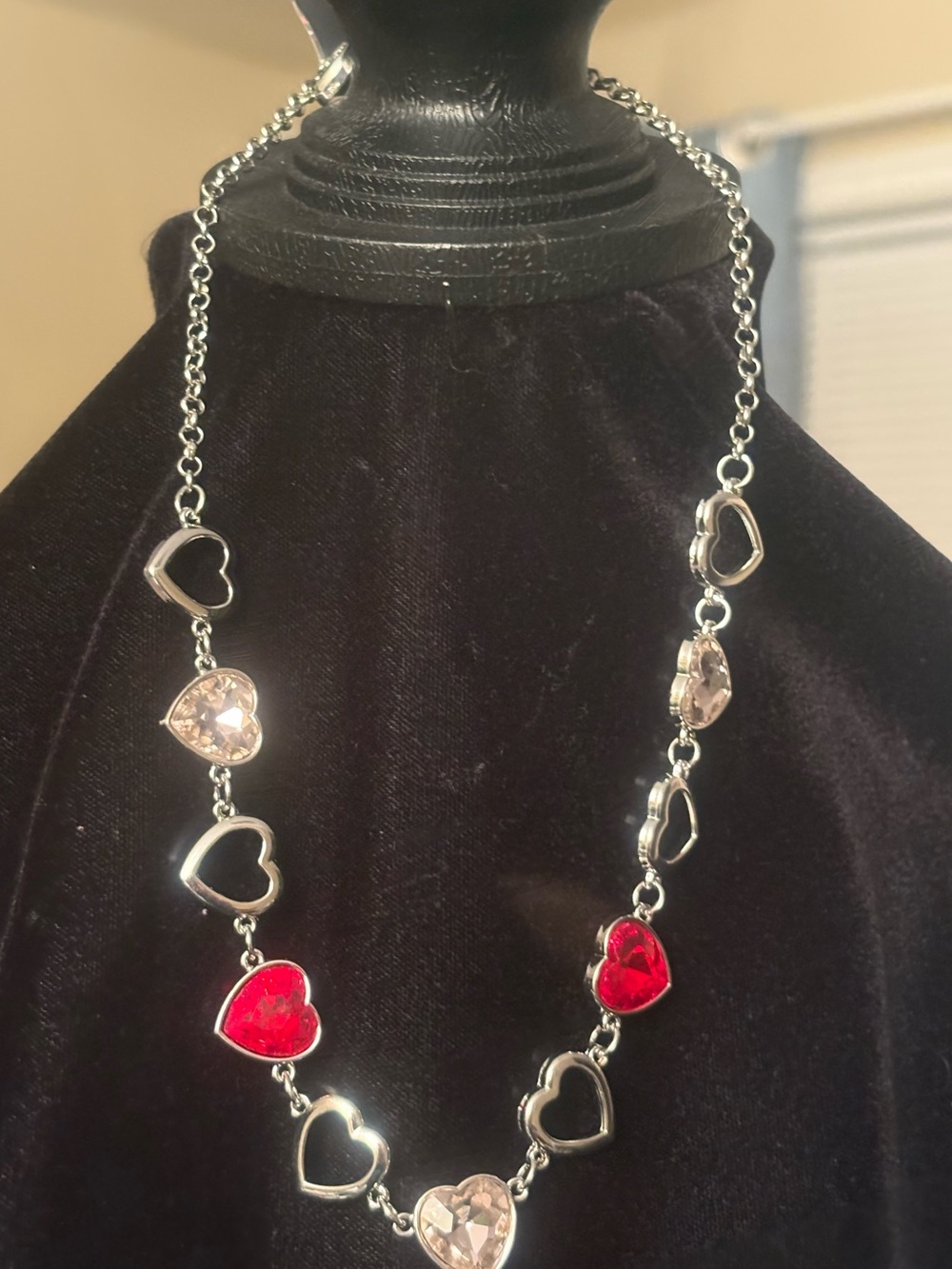 Silver Heart Necklace with Red and Light Pink Crystals